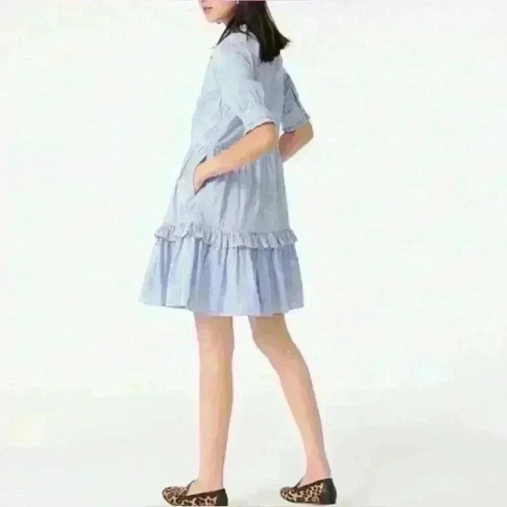 J. Crew Stripe Ruffleneck Tiered Popover Dress Size Medium Petite